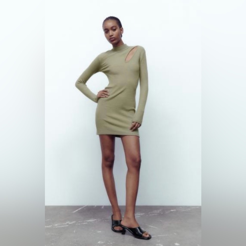 Zara olive green cutout rib dress